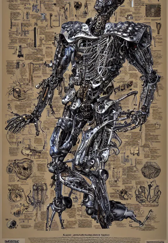 Prompt: highly detailed labeled medical anatomy poster of a robotic abomination, poster paper with notes, well - lit, ray tracing, detailed, mechanism, forbidden - knowledge, intricate details, gold and silver ink, by kentaro miura, marco bucci