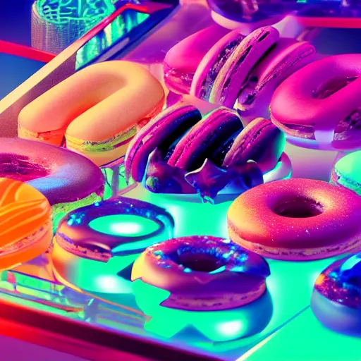 Image similar to colorfull futurism, neon lights, cyberpunk, sweets, macaron, donuts, 4k, hyperrealistic, focused, extreme details, cinematic