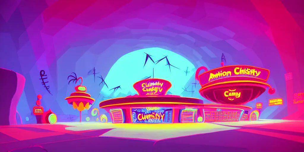 Image similar to minimalistic angle curved perspective digital art of sss chubby cotton candy indoor casino with a stage by anton fadeev from nightmare before christmas