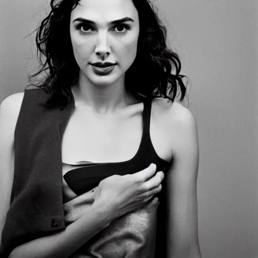 Image similar to photo of Gal Gadot by Diane Arbus, black and white, high contrast, Rolleiflex, 55mm f/4 lens