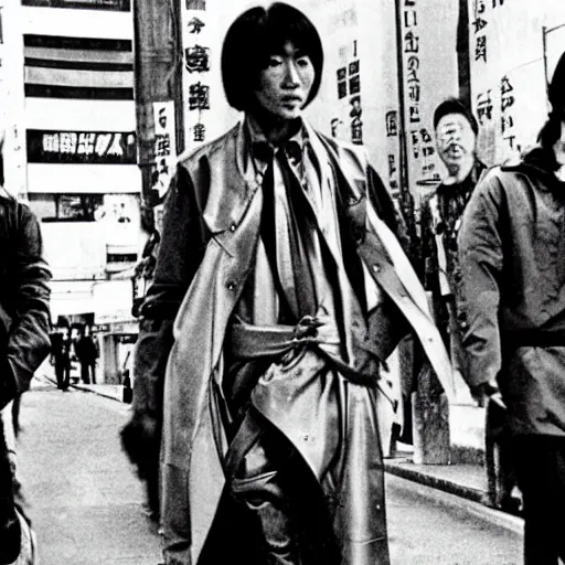 Image similar to 1 9 7 0 s japanese tv show, bw, sci - fi, tsukamoto, mechanical inhuman monsters walking the streets of shinjuku,