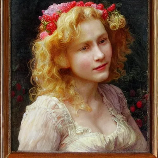 Image similar to A beautiful Blonde Woman with Locks selling strawberries in the style of Sophie Anderson, Portrait