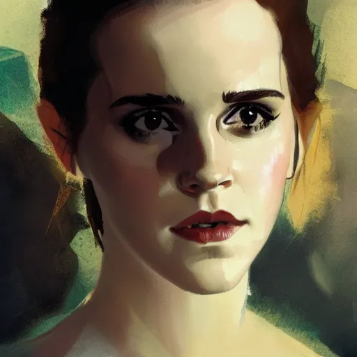 Image similar to emma watson as loki, intricate, elegant, highly detailed, greg manchess, mucha, liepke, ruan jia, jeffrey catherine jones, ridley scott