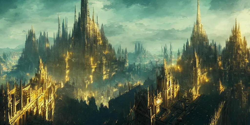 Image similar to majestic epic elven city made of gold, high towers, by the azure ocean. In style of Yoji Shinkawa and Hyung-tae Kim, trending on ArtStation, Greg Rutkowski, dark fantasy, great composition, concept art, highly detailed, scenery, 8K.