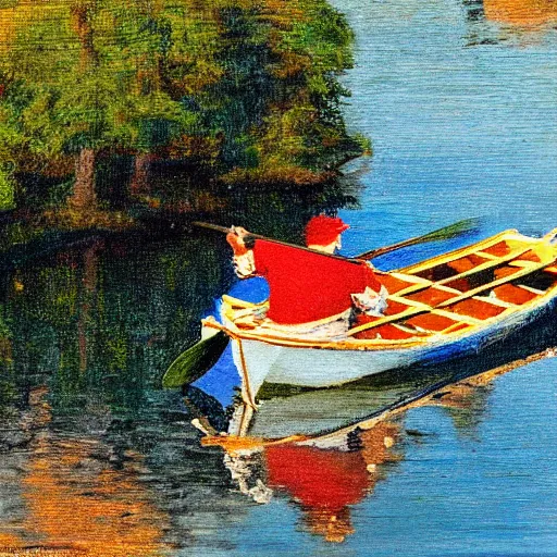 Prompt: fat chuck in a rowboat in a colonial harbor in the style of impressionism