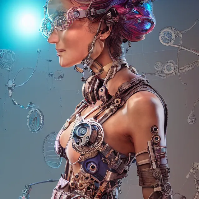 Image similar to the portrait of true neutral semi - colorful female cyborg mechanist as absurdly beautiful, gorgeous, elegant, young swimsuit model, an ultrafine hyperdetailed illustration by kim jung gi, irakli nadar, intricate linework, bright colors, octopath traveler, final fantasy, unreal engine 5 highly rendered, global illumination, radiant light, detailed and intricate environment