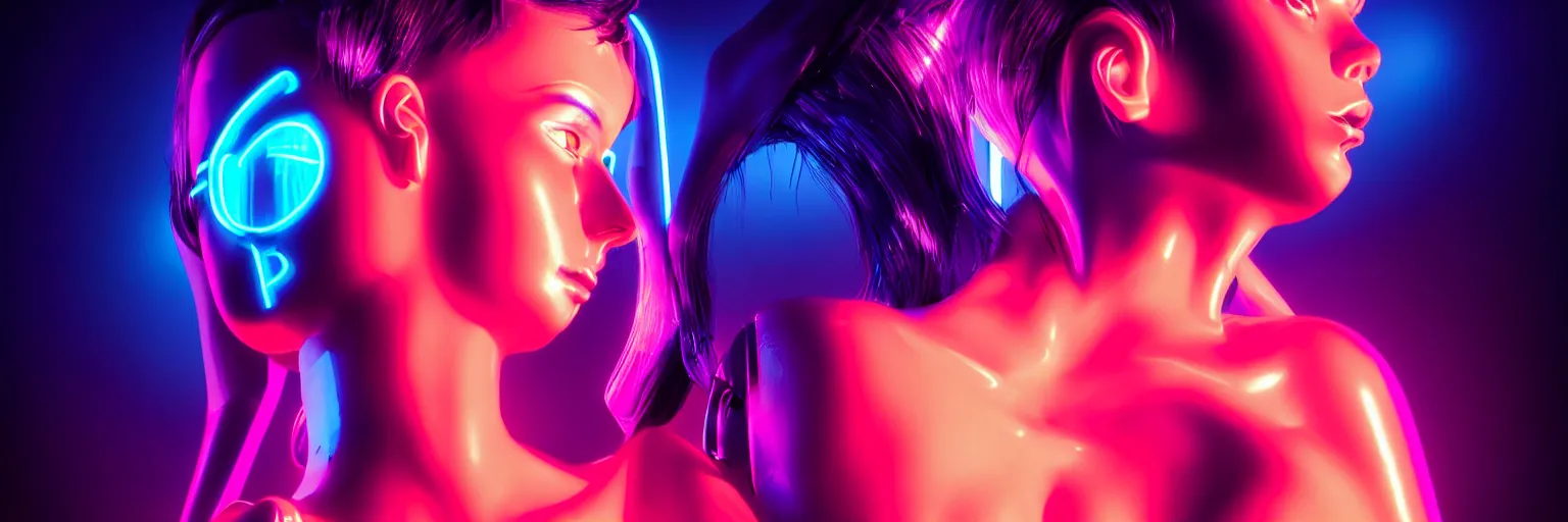 Image similar to 2 0 0 mm lens photography of a few female humanoid cropped tight portrait, cyberpunk high fashion, elegant profile pose, cyber neon lighting, retro futurism, retro futuristic glossy latex bikini, bokeh background, profile posing, hyper photorealistic, crispy quality, digital photography, art by pascal blanche, art by artgerm, art by greg rutkowski,