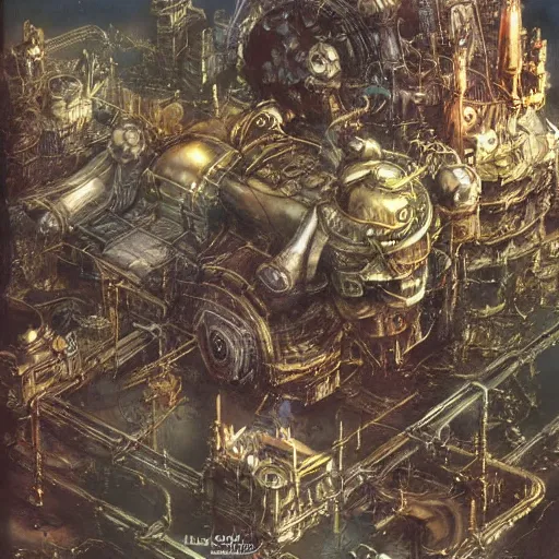 Image similar to conceptual art from from final fantasy 7, the steam punk city midgard by master artist yoshitaka amano