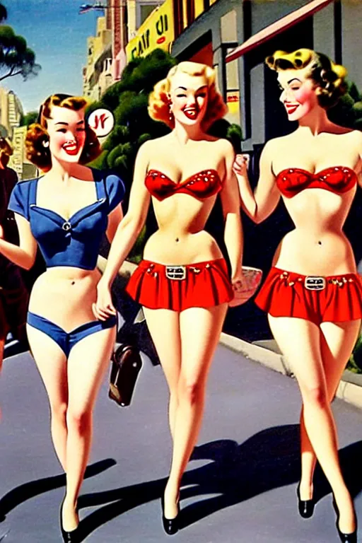 Image similar to 1940s group of pinup bikini girls walking down the street in 1940s Sydney in Australia, oil painting, by Gil Elvgren