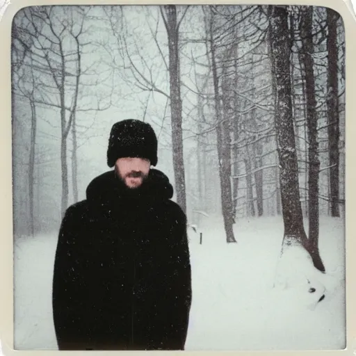 Prompt: vintage polaroid photograph of a man wearing black winter clothes and a black beanie in a snowy forest, standing next to a car