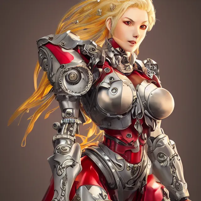 Prompt: studio portrait of lawful good colorful female holy mecha paladin absurdly beautiful, elegant, mature blonde gravure idol, ultrafine hyperrealistic detailed face illustration by kim jung gi, irakli nadar, intricate linework, sharp focus, bright colors, matte, octopath traveler, unreal engine 5 highly rendered, global illumination, radiant light, intricate environment