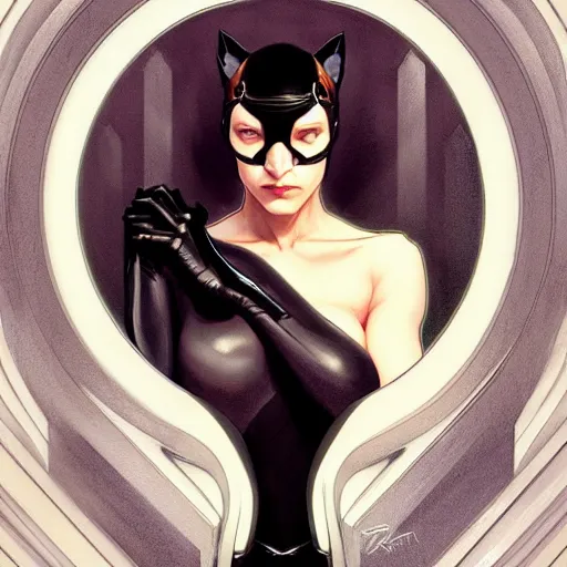 Image similar to symmetry!! catwoman, intricate, elegant, highly detailed, my rendition, digital painting, artstation, concept art, smooth, sharp focus, illustration, art by artgerm and greg rutkowski and alphonse mucha