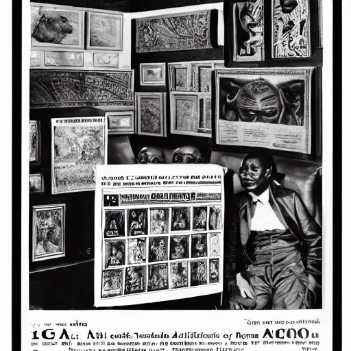 Image similar to A full page advertisement for a colonial gallery, African artifacts, masks, objects, newspaper style, black and white, African Arts magazine, 70s