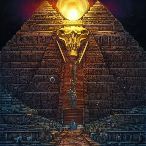 Image similar to the anunnaki gods have returned to the pyramids. a cover of a death metal LP, highly detailed, art, dark and grungy, 4k, 8k, trending on artstation, style of dan mumford and Andrew Ferez