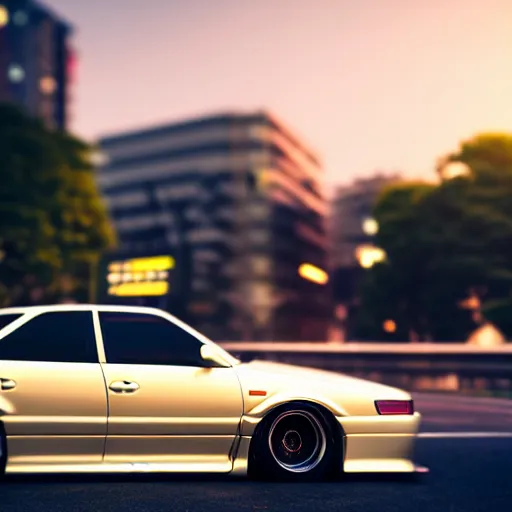 Image similar to a car drifting JZX100 on Ebisu Circuit, Shibuya prefecture, city sunset, cinematic color, photorealistic, highly detailed, bokeh, DOF, octane render