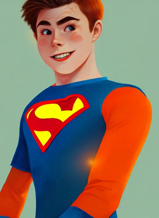 Image similar to friendly teenage archie andrews wearing an orange superhero costume with heart logo, freckles, superhero costume, heart emblem on chest, cape, intricate, elegant, glowing lights, highly detailed, digital painting, artstation, sharp focus, illustration, art by wlop, mars ravelo and greg rutkowski