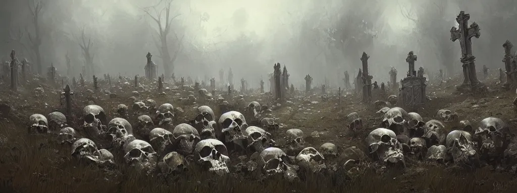 Image similar to a graveyard of skulls, greg rutkowski