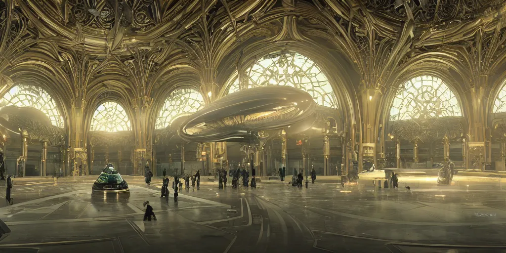 Image similar to cinematic movie scene, 200mm wide shot, precise architectural rendering, interior of a sci-fi space station with ornate art nouveau architecture, bustling with people and flying cars, gothic architecture, emerald, crystalline, detailed illustration, sharp focus, concept art, unreal engine, octane render, god rays H 768