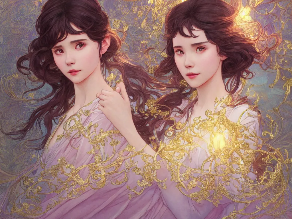 Prompt: iu novel close up cover, highly detailed, gold filigree, romantic storybook fantasy, soft cinematic lighting, award, disney concept art watercolor illustration by mandy jurgens and alphonse mucha and alena aenami, pastel color palette, featured on artstation