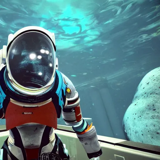 Prompt: In the underwater depths of an alien planet, an astronaut from mass effect dives and explores this new world