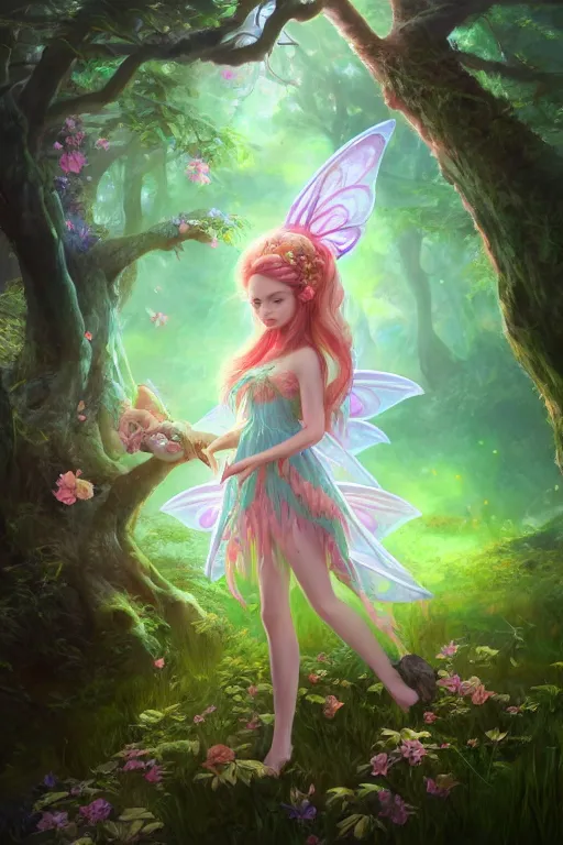 Image similar to a cute and geogerous fairy in the dreamy forest, fantasy, dreamlike, 8 k resolution, hyper detailed, d & d, character design, digital painting, trending on artstation, sharp focus, illustration, art by viktoria gavrilenko, hoang lap, fuji choko, steve zheng,