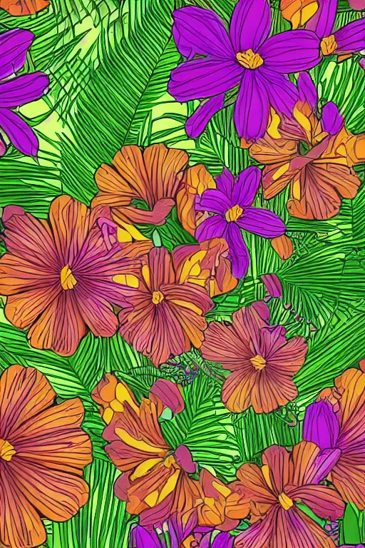 Image similar to Intricate detailed vector illustration of tropical flowers and green reeds, multiple cohesive colors ranging from warms purples to bright oranges on a ((very dark background)), 4K resolution