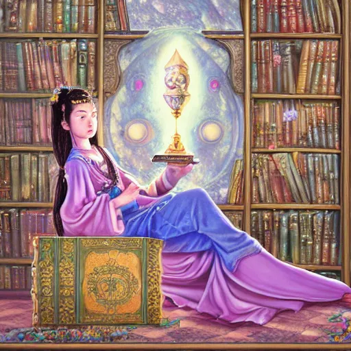 Prompt: a highly detailed fantasy pastel painting of a young wizard in ornate clothing lounging on a purpur pillow on the marble floor in front of her bookcase, studying an ancient tome. to the side is a potted plant and some blue candles. ancient oriental retrofuturistic setting. 4 k key art in the style yoshitaka amano