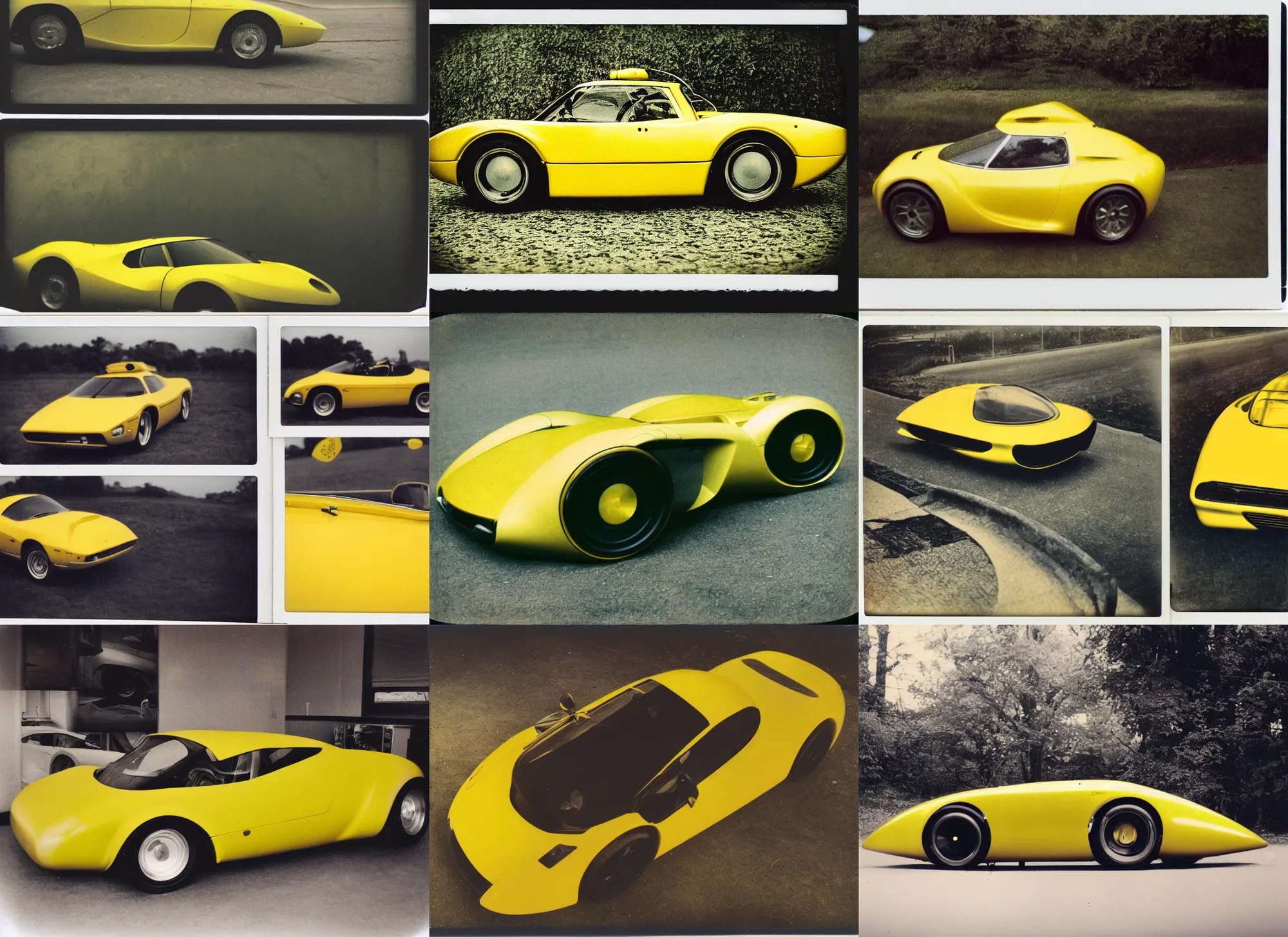 Prompt: old polaroid shots of a yellow futuristic sport car