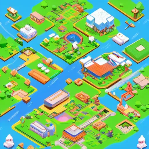 Image similar to isometric world of pokemon!! bird's eye view