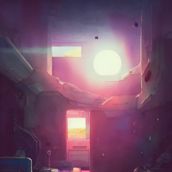 Prompt: photorealistic, watercolor painting in style of krenz cushart ilya kuvshinov inside a space station eye of providence Lain uwu Luminism Tomas Sanchez surrealism Simon Stålenhag