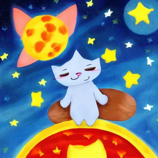 Image similar to baby wizard cat flying across the space with bright stars