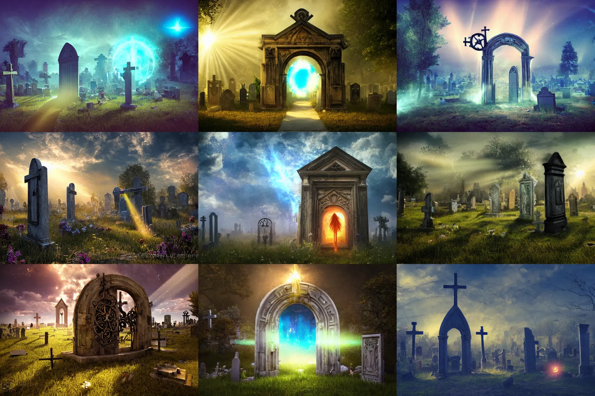 Prompt: photograph of a portal portal to bright heaven in a graveyard graveyard, crosses, cinematic, tyndall effect, sunlight, god rays, hypermaximalist, detailed, landscape 4k, 8k, breathtaking stars, surrealism, distant, concept art, digital art, sharp focus, mystic hues, acid pixie, RTX, octane render, Trending on DeviantArt