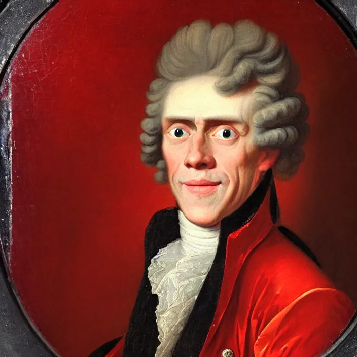 Image similar to an 18th Century royal portrait of a smiling Willem Dafoe with blood red eyes, portrait, 8k
