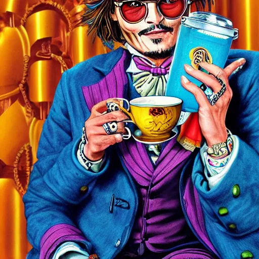 Image similar to Johnny Depp is covered in a blanket and drinking tea in Willy Wonka's Chocolate Factory, Illustration, Colorful, insanely detailed and intricate, super detailed