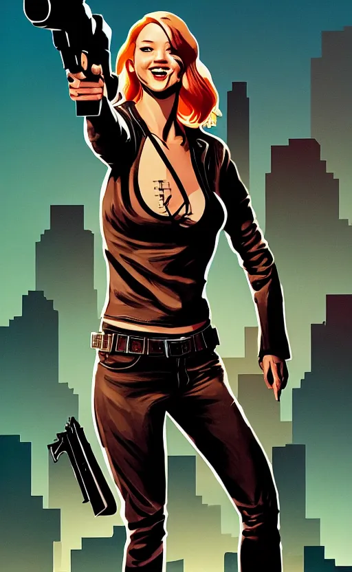 Image similar to Rafael Albuquerque comic cover art, Jennifer Lawrence with guns, smile, direct gaze, brown leather jacket, jeans, full body, building on fire, cool colors, detailed, 4k