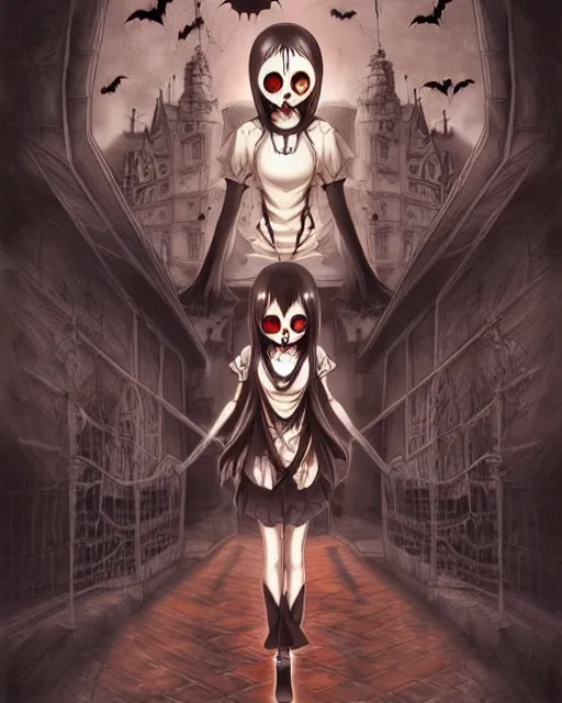 Image similar to spooky and creepypasta halloween night, symmetrical face, anime style, scenery wallpaper aesthetic, cinematic, dramatic, super detailed and intricate, hyper realistic, 4 k render, by artgerm, by kyoung hwan kim, by ralph mcquarrie, by yoshiyuki tomino