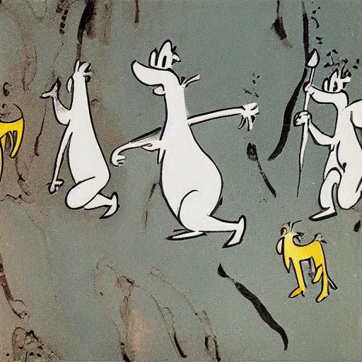 Prompt: the moomins, prehistoric cave painting