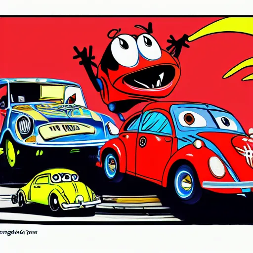 Prompt: a hybrid lady bug and'herbie the love bug'race car. it's a nice night at the drive - in diner. imax, 7 0 mm, movie still