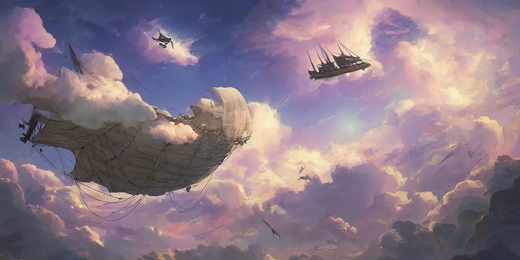 Image similar to a large 1 8 th century pirate airship flying among the clouds, soaring through the sky, airship, digital art, pirate ship, vivid colors, artgerm, james gilleard, very beautiful, highly detailed, volumetric lighting, award winning, intricate, trending on art station