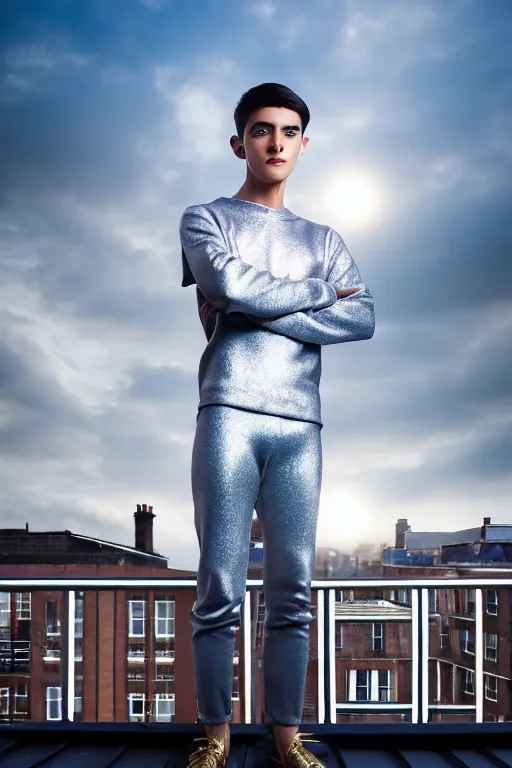 Image similar to un ultra high definition studio quality photographic art portrait of a young man standing on the rooftop of a british apartment building wearing soft padded silver pearlescent clothing. three point light. extremely detailed. golden ratio, ray tracing, volumetric light, shallow depth of field. set dressed.