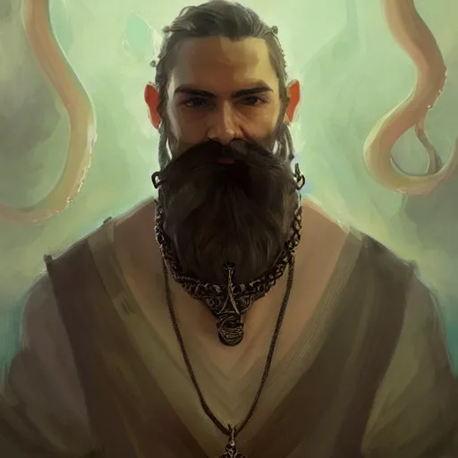 Image similar to A portrait of a cleric of Cthulu with short dark hair and a trimmed beard, he wears a cubic sandstone pendent around his neck, as dark magic emanates from his necklace tentacles spur from the water, digital art by Ruan Jia