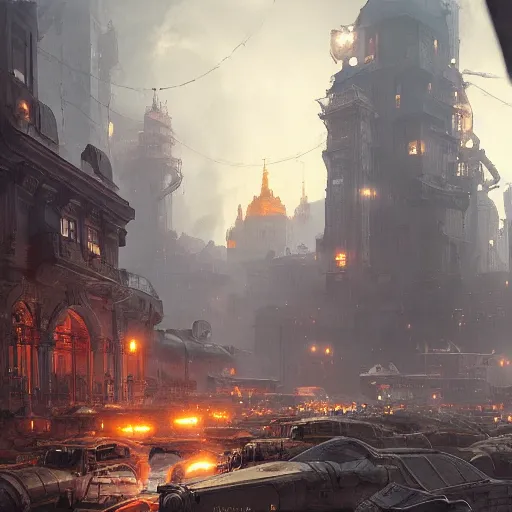 Prompt: highly detailed painting of dieselpunk stockholm, by greg rutkowski, 4 k resolution