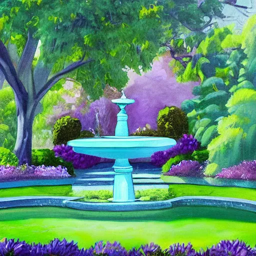 Image similar to tranquil painting of purple garden with green trees and a water fountain in the middle of garden, detailed, 8k, mesmerizing