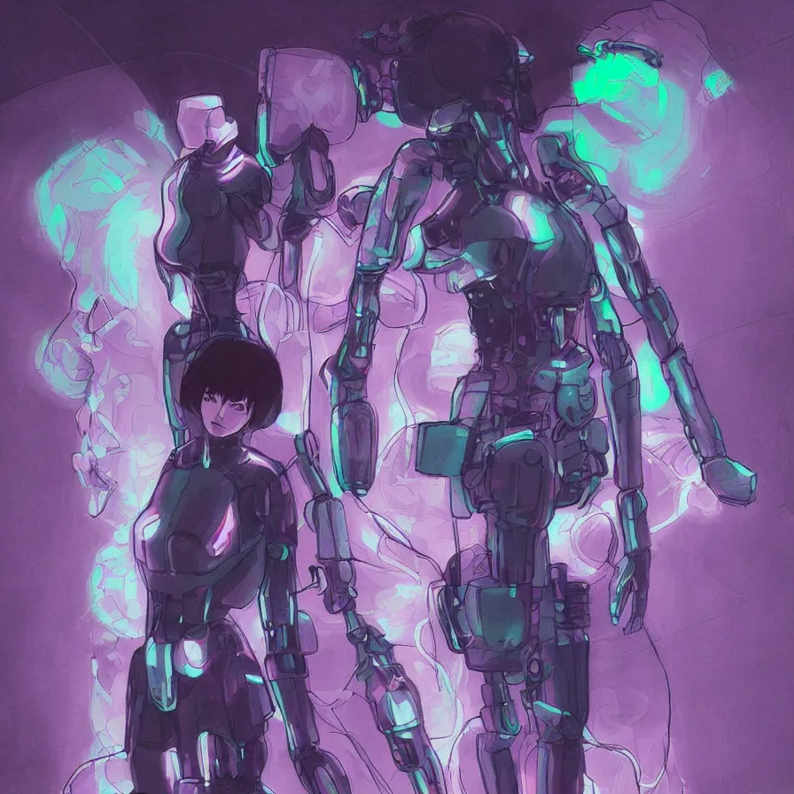 Prompt: a female android leaving assembly chain, digital drawing and coloring, mamoru oshii ghost in the shell, ethereal and neons lights