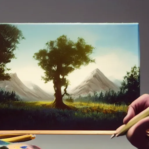 Image similar to a closeup photorealistic photograph of bob ross working on a canvas painting of spiderman. film still. brightly lit scene. mountains and trees. this 4 k hd image is trending on artstation, featured on behance, well - rendered, extra crisp, features intricate detail, epic composition and the style of unreal engine.