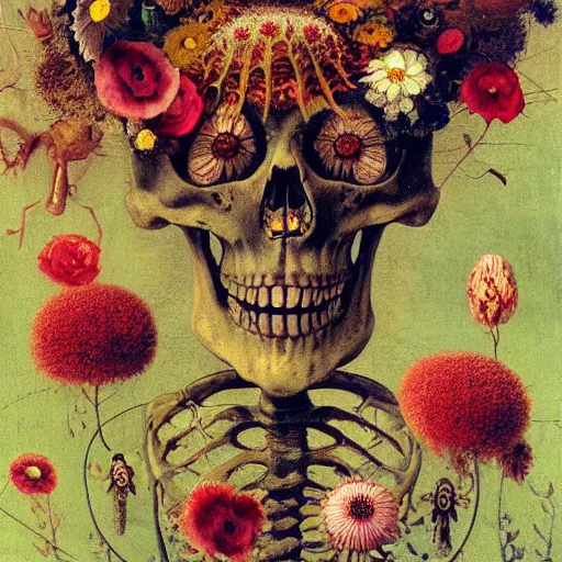 Image similar to 'Life from death' A beautiful detailed aesthetic horror painting depicting 'A skeleton with plants and flowers growing all over it, birds and bees flying all around it' by Odilon Redon and giuseppe arcimboldo, Trending on cgsociety artstation, 8k, masterpiece, cinematic lighting.