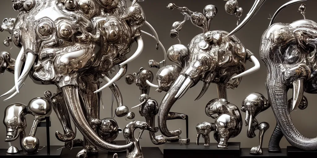 Image similar to Many Chrome and living tissue dendritic organic Elephant heads in orbit, sculpted tissue, soft lighting, chrome and viscera and bone, composition, Cronenberg automata, Marsden, ito, Ryden, sci-fi, Koons, Dieter Rams,