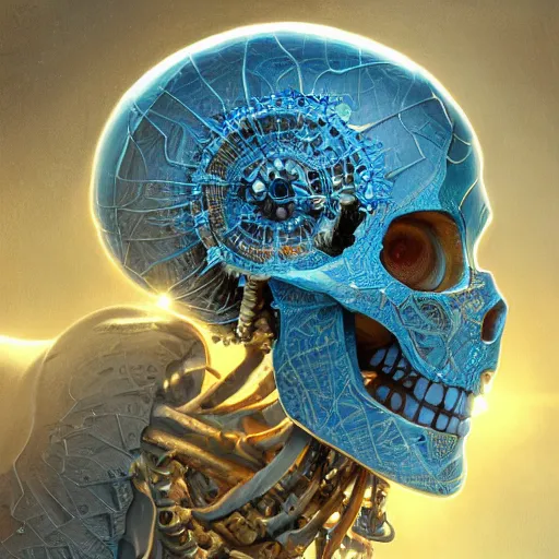 Prompt: hyperdetailed robotic skeleton head with blue human eyes, blue eyes, symetry, golden ratio, intricate, detailed, volumetric lighting, scenery, digital painting, highly detailed, artstation, sharp focus, illustration, artstation, art by artgerm and greg rutkowski and alphonse mucha