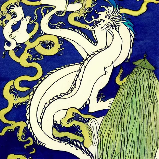 Image similar to the dragon lord of dreams watercolour painting by Aubrey Beardsley