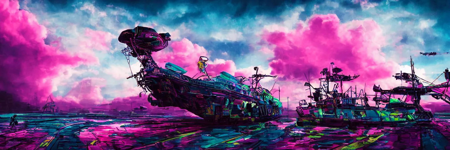 Image similar to space, dog, run, pirate neon ship with punks on board, mohawks, neon, oil painting, pink, rich deep colors masterpiece, ultra detailed, contrast, heaven pink, lots of roman arches, punk rock with mohawks, clouds, sky, volumetric light, atmospheric lighting, dramatic, cinematic, moody, octane render 4 k, 8 k